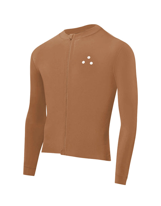 Brown long-sleeve DRS cycling jersey with a small logo on a white background