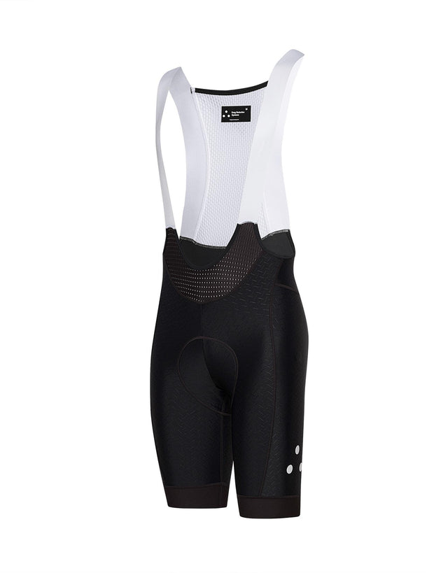Black DRS cycling bib shorts with white 3-dot logo on a white background