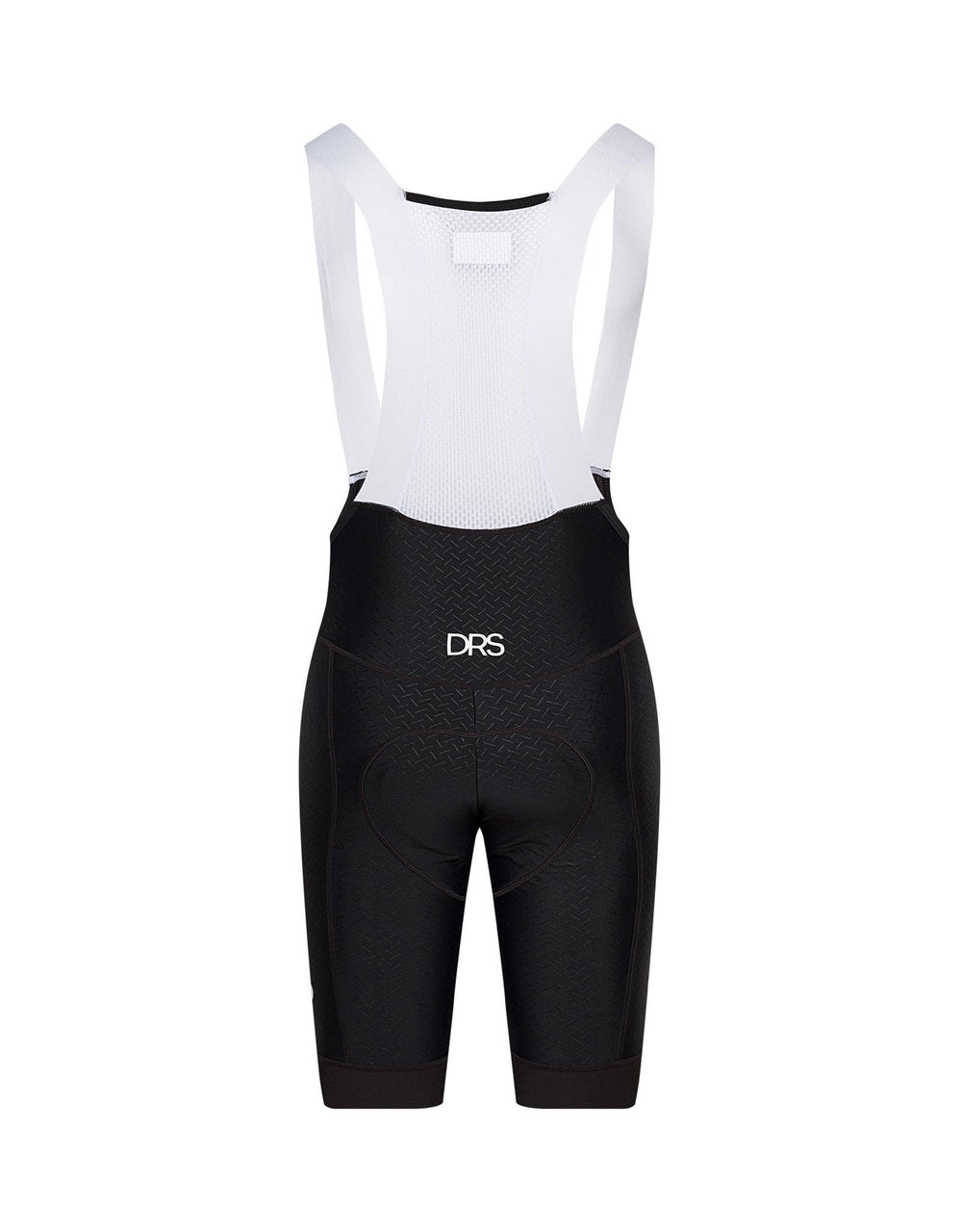 Black DRS cycling bib shorts with white 3-dot logo on a white background