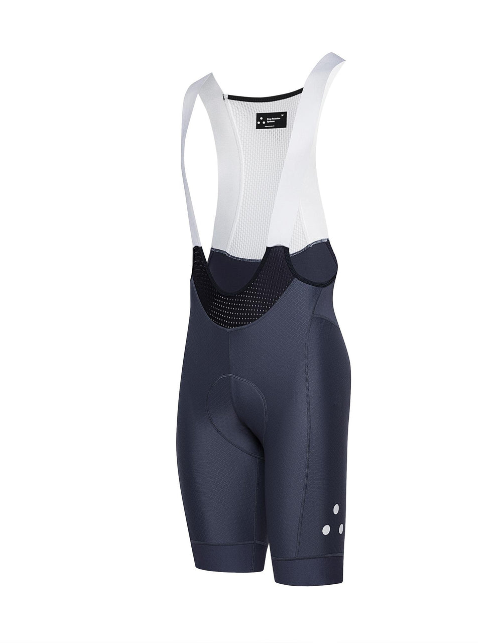 Grey DRS cycling bib shorts with white 3-dot logo on a white background