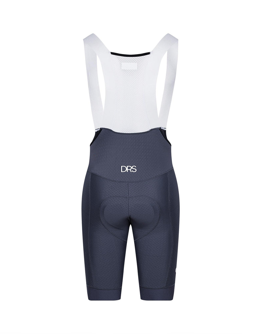 Grey DRS cycling bib shorts with white 3-dot logo on a white background