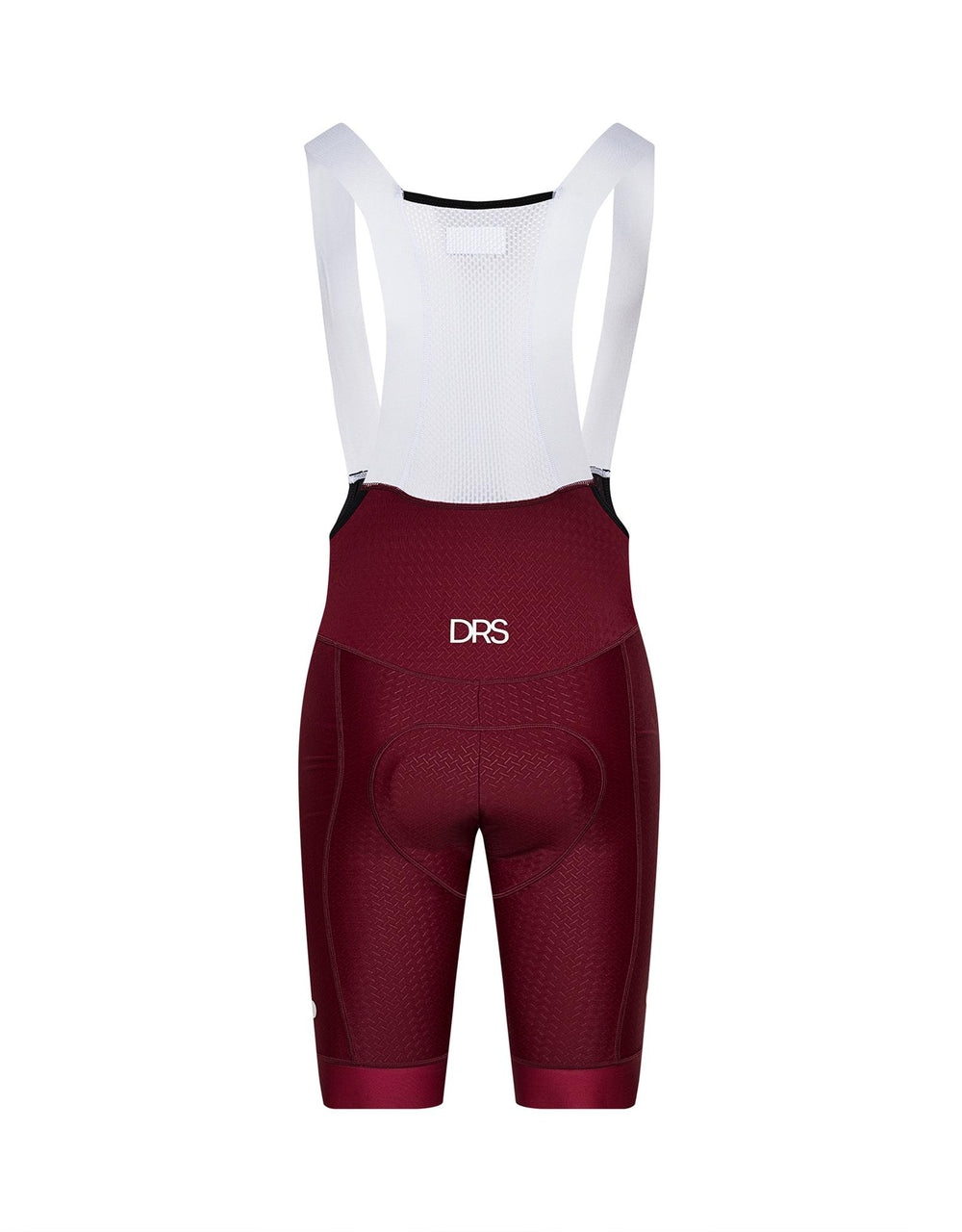 Maroon DRS cycling bib shorts with white 3-dot logo on a white background