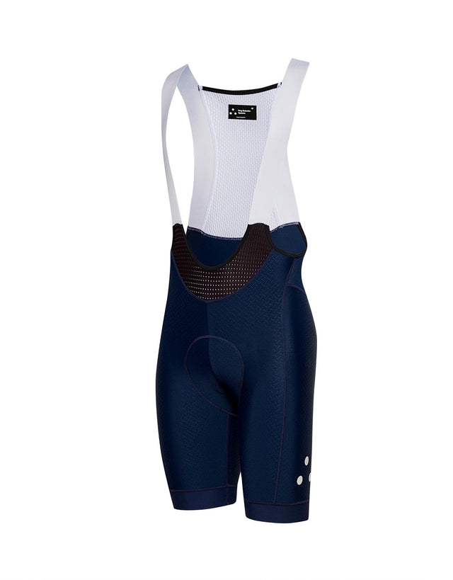 Navy DRS cycling bib shorts with white 3-dot logo on a white background