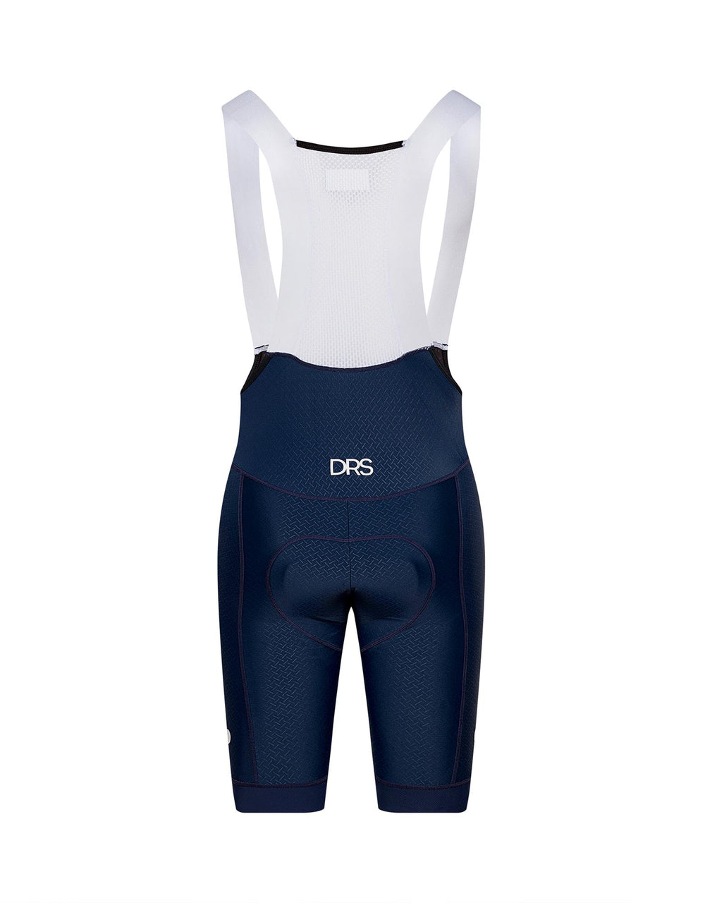 Navy DRS cycling bib shorts with white 3-dot logo on a white background