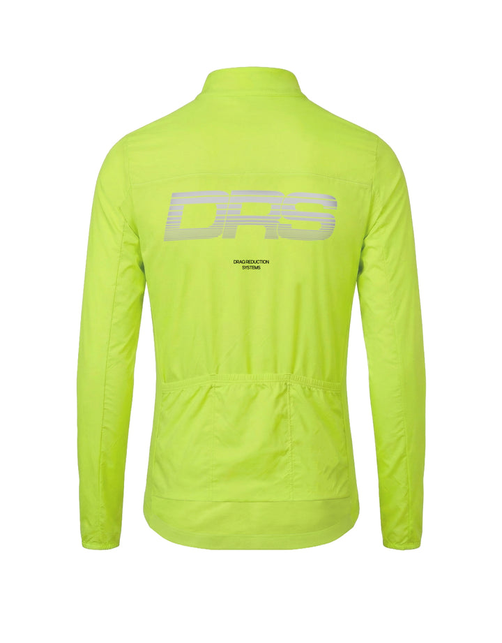 Back view of DRS fluorescent yellow cycling insulated jacket on a white background. 