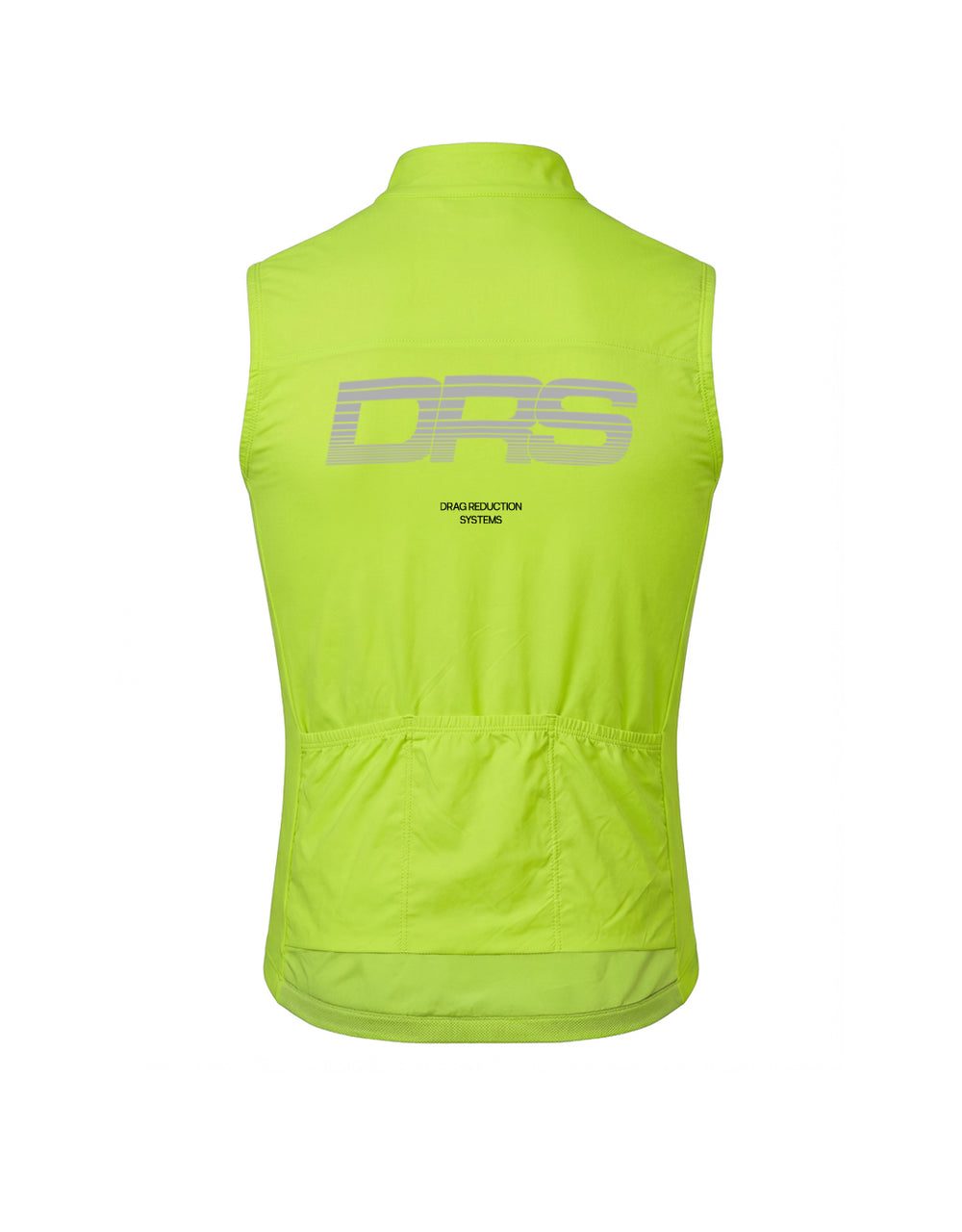 Yellow cycling vest with 'DRS' logo on a white background