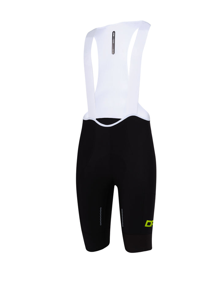 Black DRS cycling bib shorts with DRS logo on a white background
