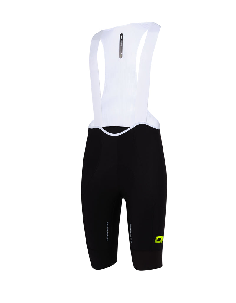 Black DRS cycling bib shorts with DRS logo on a white background