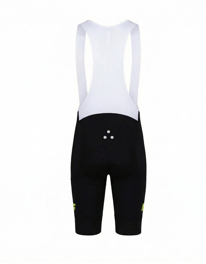 Black DRS cycling bib shorts with white mesh back on a white background