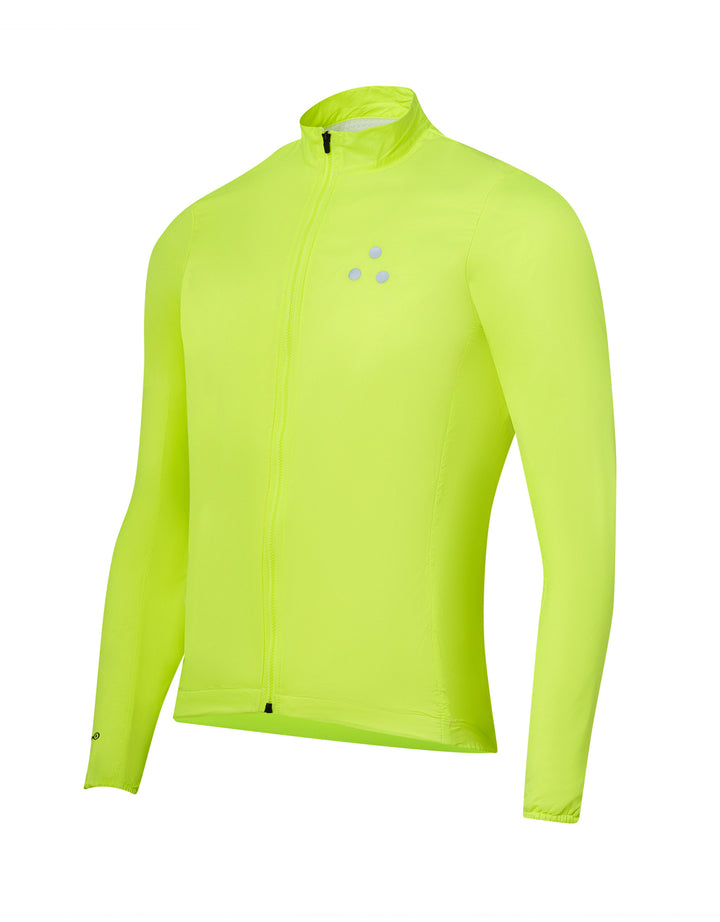 DRS fluorescent yellow cycling insulated jacket on a white background. 
