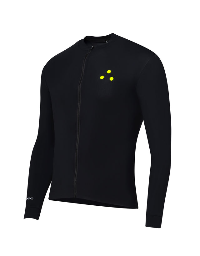 Black long-sleeve DRS cycling jersey with a small 3-dot logo on the chest against a white background