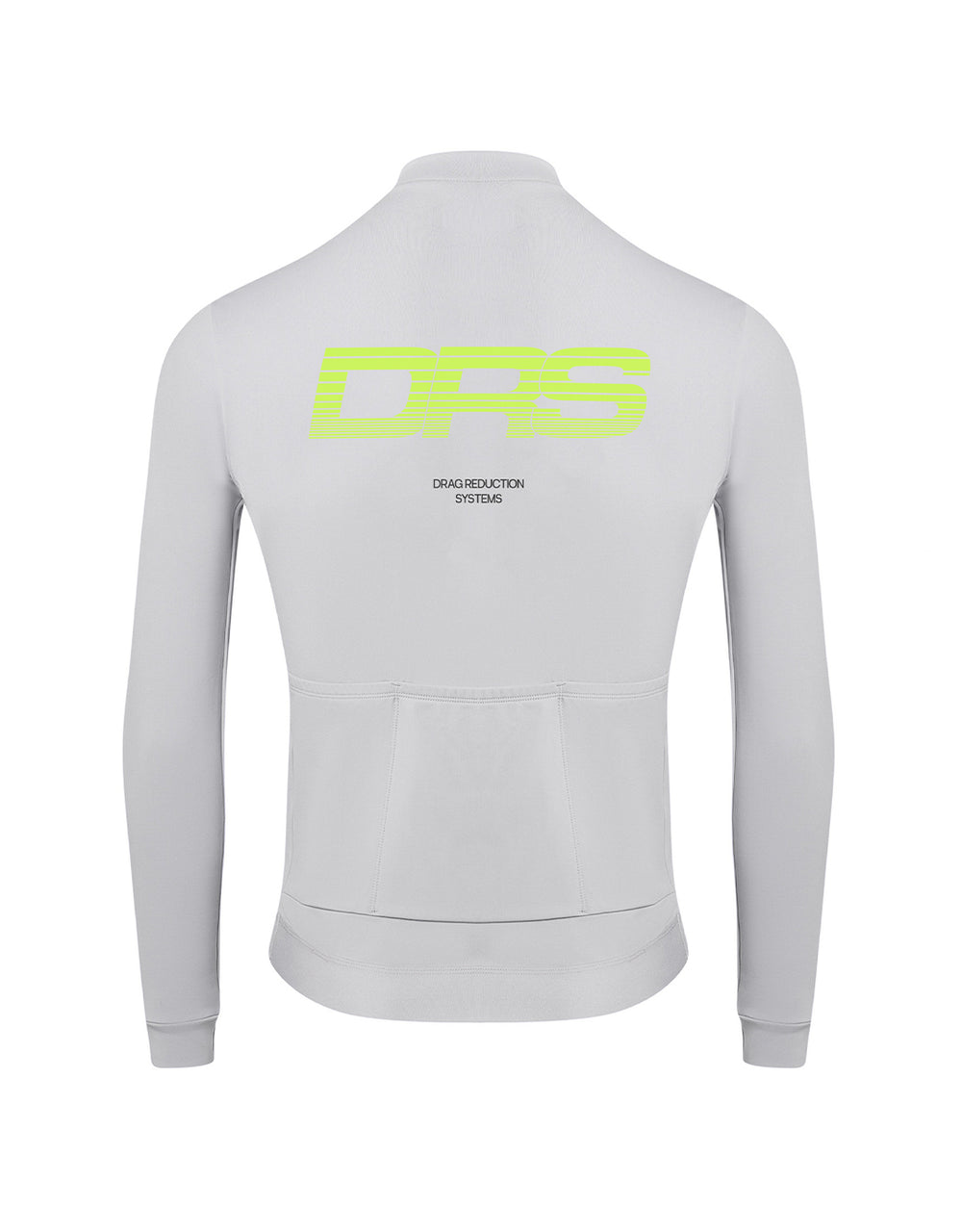 Light grey DRS cycling jersey with a neon green logo on the back against a white background