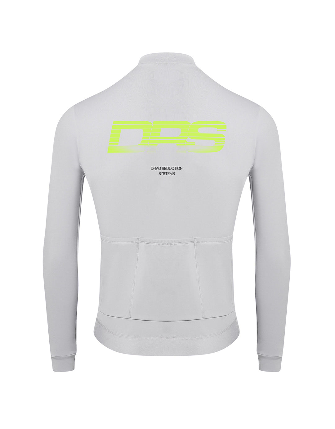 Light grey DRS cycling jersey with a neon green logo on the back against a white background