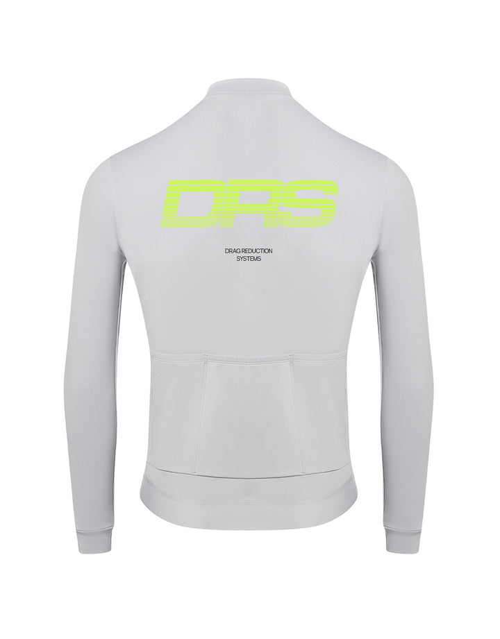 Light grey DRS cycling jersey with a neon green logo on the back against a white background