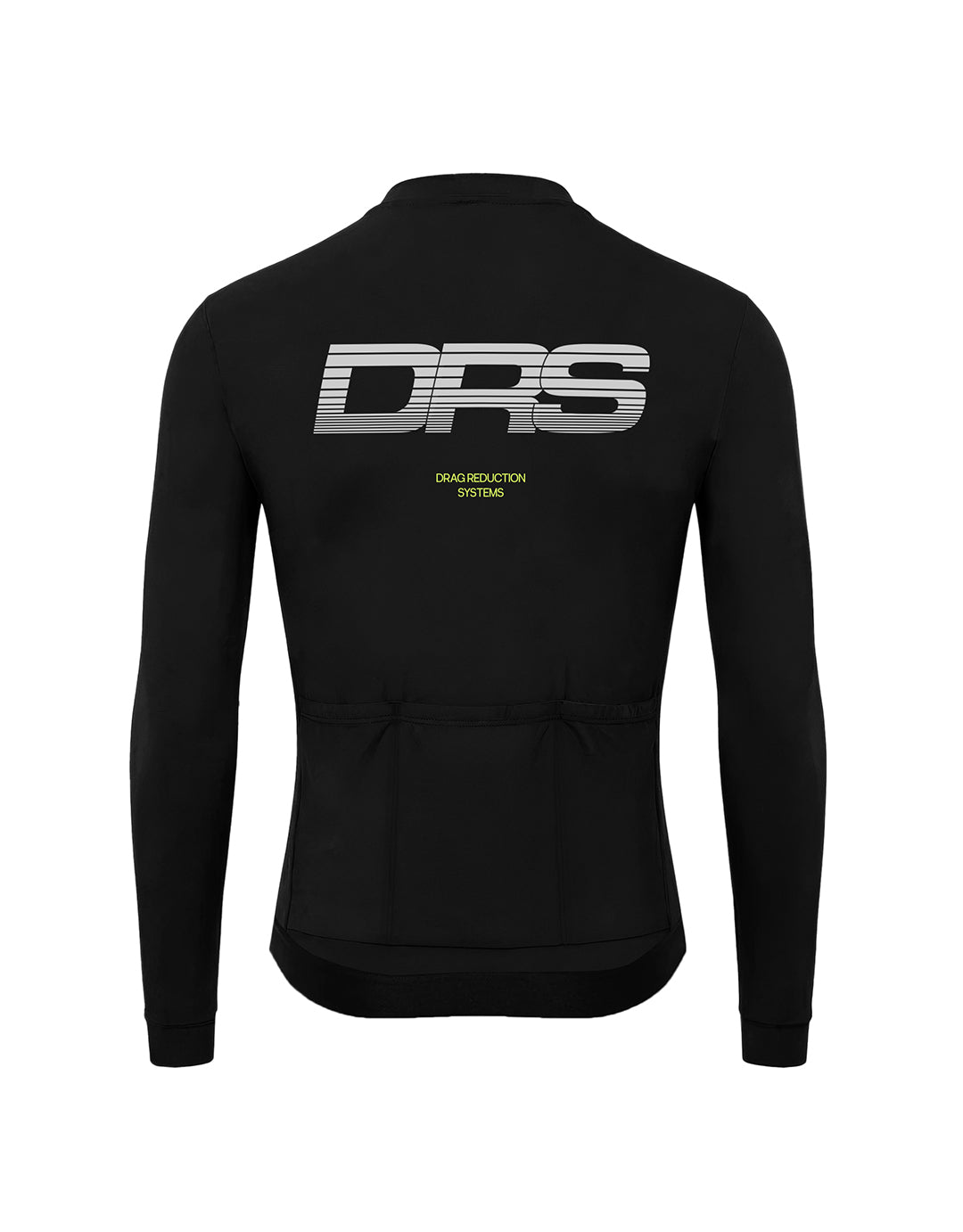 Black DRS cycling Jersey with 'DRS' logo on the back against a white background
