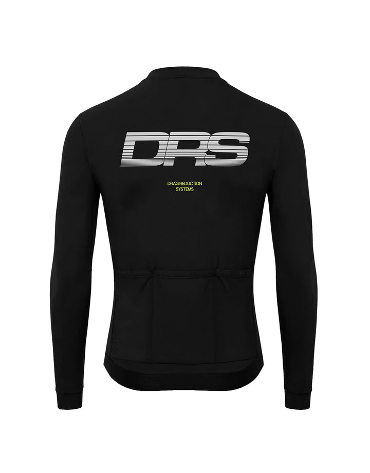 Black DRS cycling Jersey with 'DRS' logo on the back against a white background